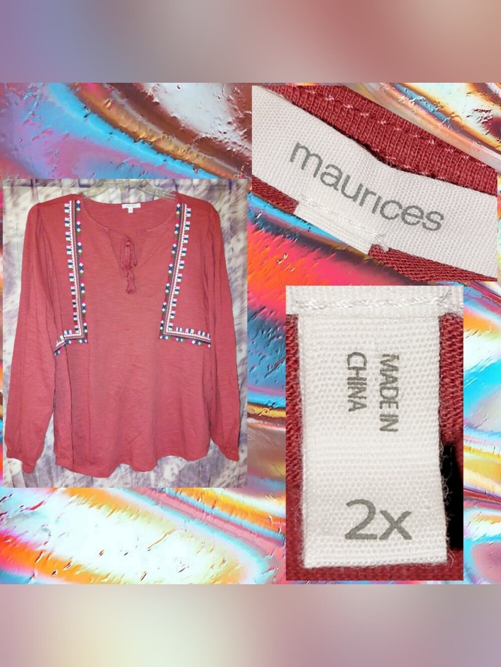 Maurices Rust Colored 100% Cotton Knit Top w/Multicolor Embroidered Border Sz 2X
